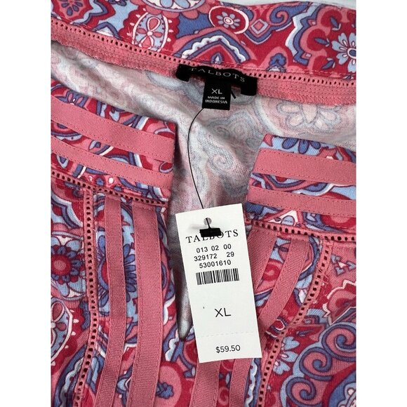 Talbots NEW Tunic Blouse PINK Geometric Long Bell Sleeve Sz XL Light Peasant - Picture 12 of 13